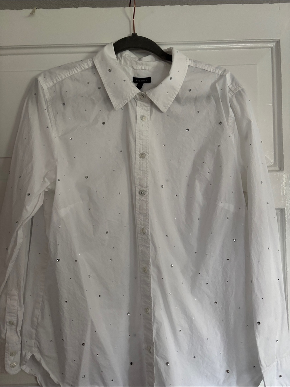 Talbots White Embellished Button-Down Shirt - womens rhinestones